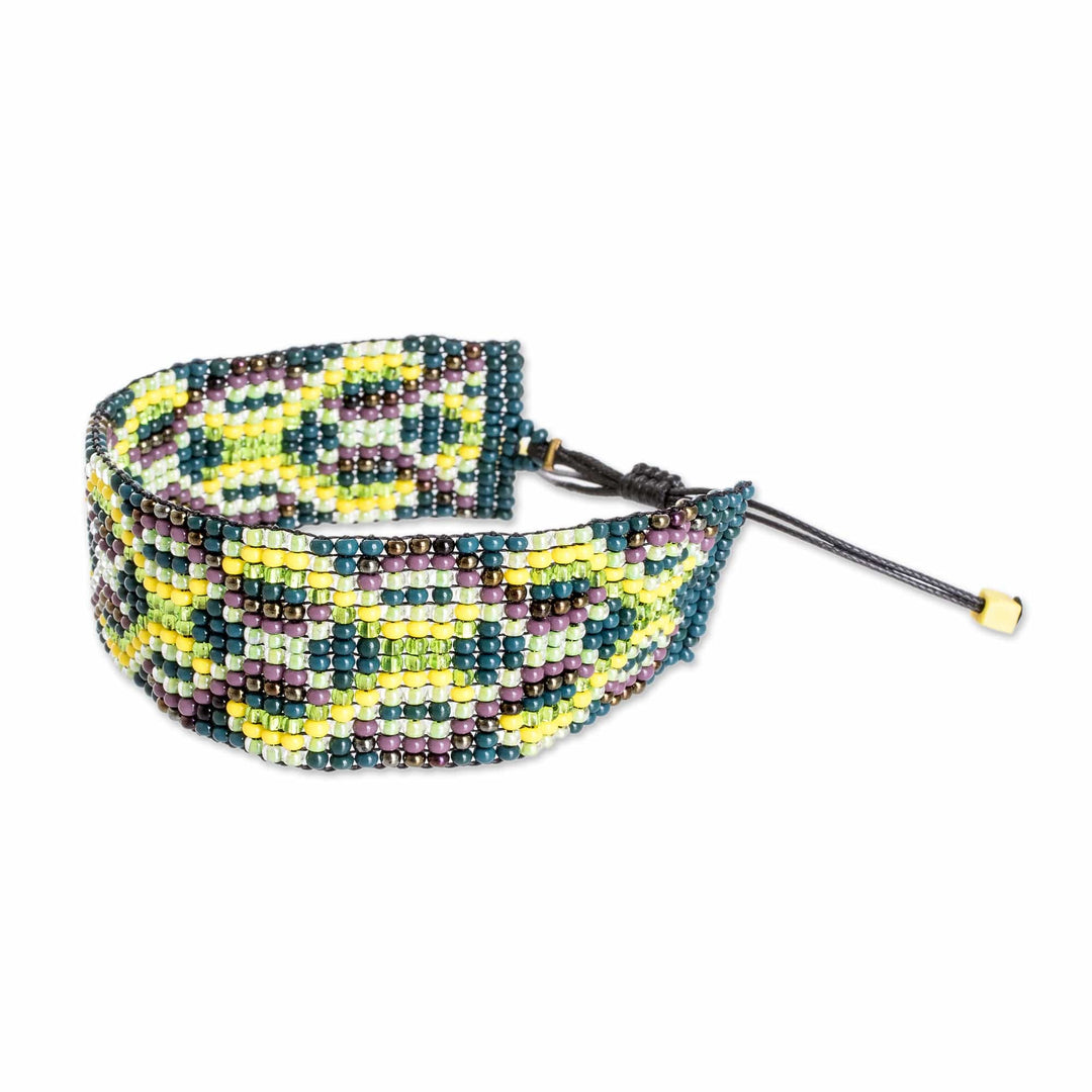 Green and Yellow Geometric Glass Beaded Wristband Bracelet - Fortune Geometry