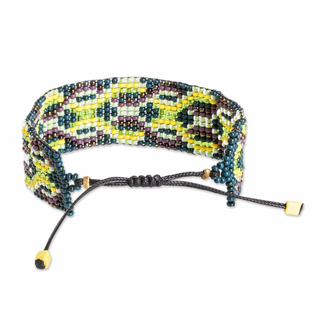 Green and Yellow Geometric Glass Beaded Wristband Bracelet - Fortune Geometry
