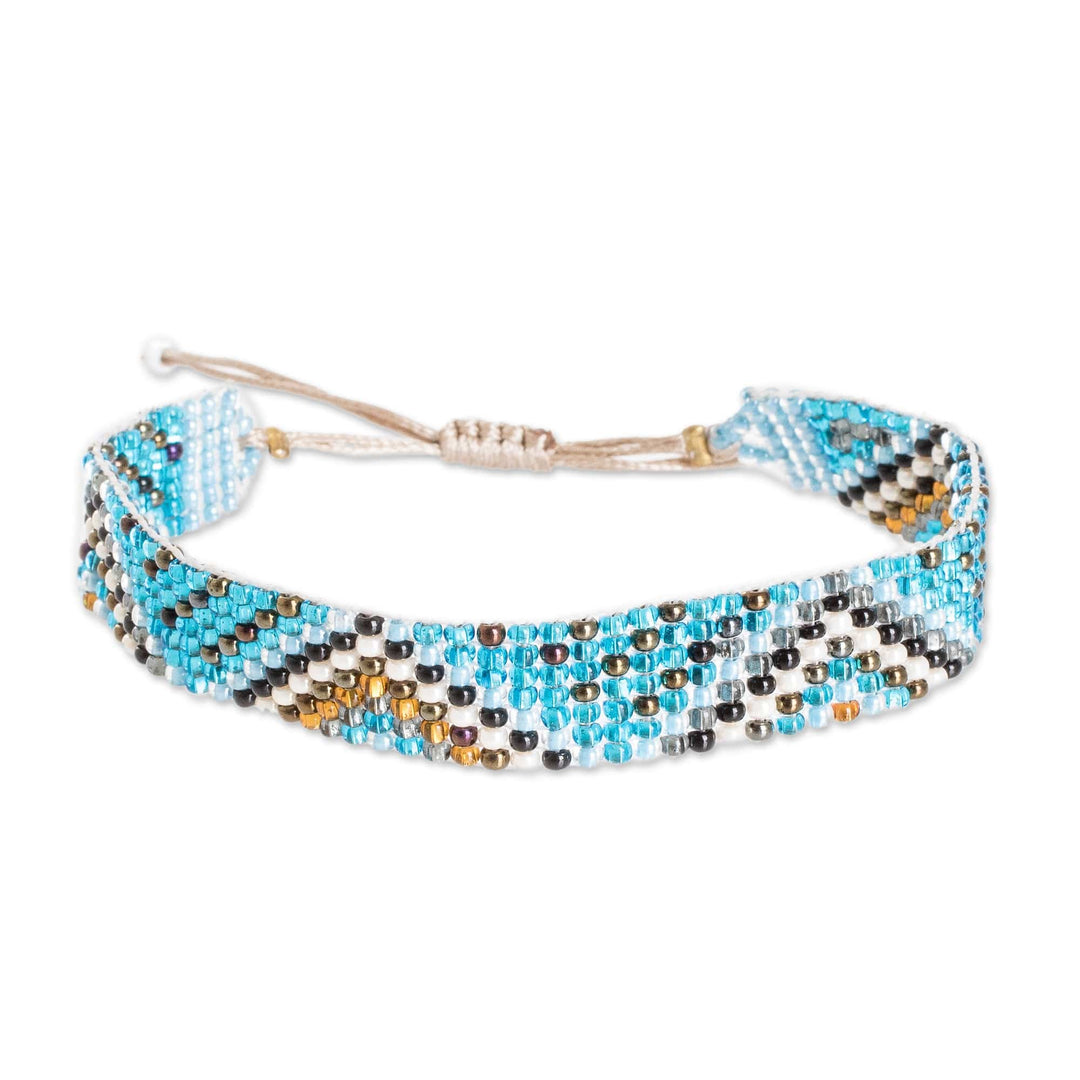 Handmade Sky Blue and Golden Glass Beaded Wristband Bracelet - Magical Atitlan