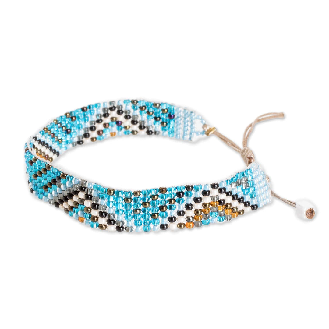 Handmade Sky Blue and Golden Glass Beaded Wristband Bracelet - Magical Atitlan