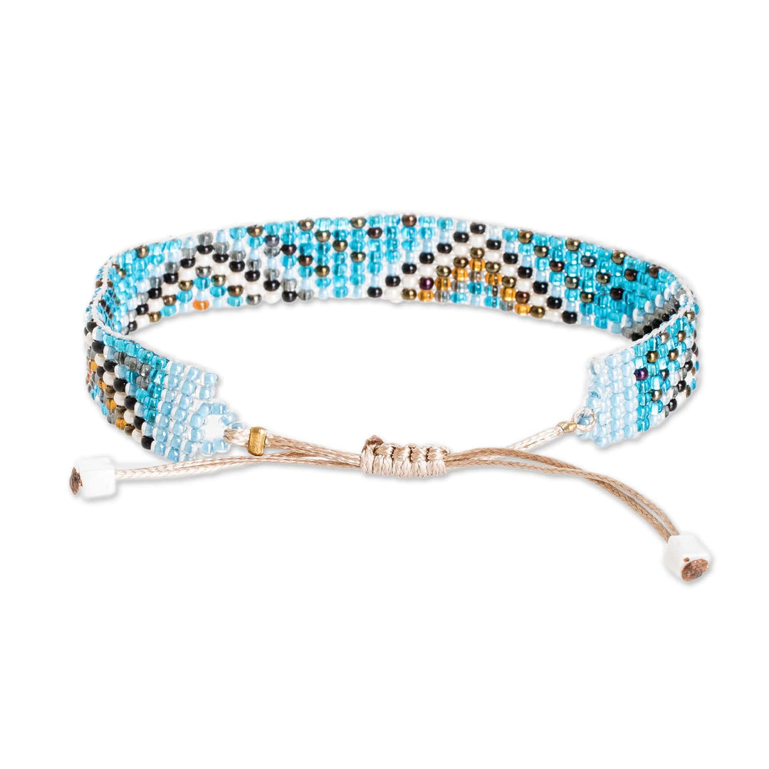Handmade Sky Blue and Golden Glass Beaded Wristband Bracelet - Magical Atitlan