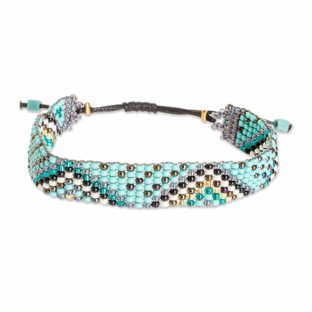 Turquoise and Golden Glass Beaded Wristband Bracelet - Serene Atitlan
