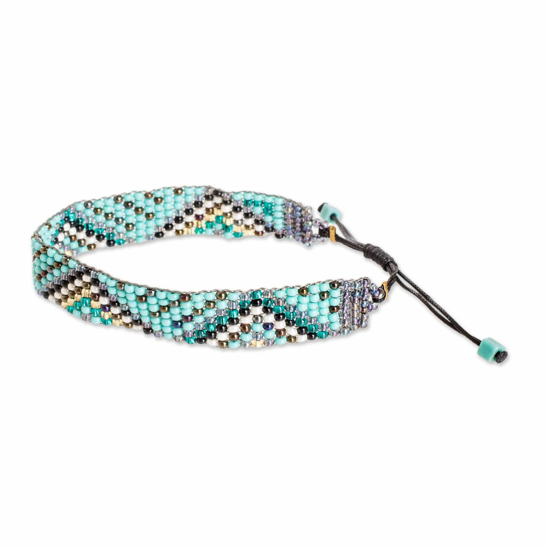 Turquoise and Golden Glass Beaded Wristband Bracelet - Serene Atitlan