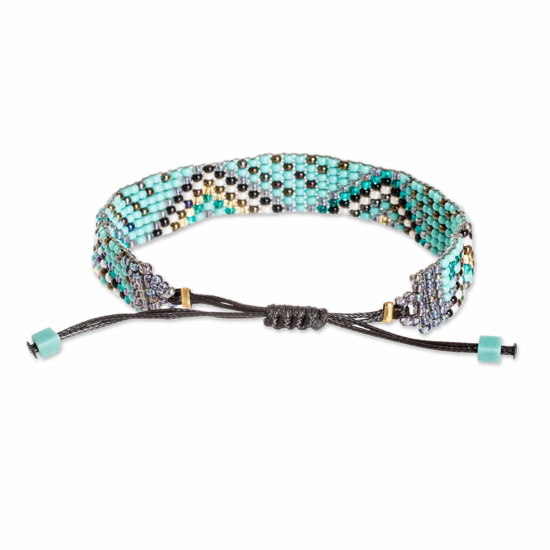 Turquoise and Golden Glass Beaded Wristband Bracelet - Serene Atitlan
