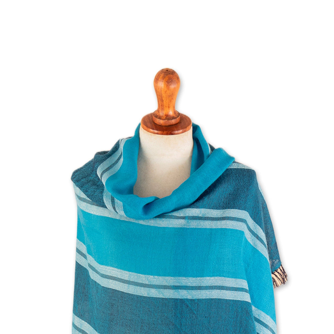 Loomed Striped Cerulean and Midnight 100% Alpaca Shawl - Cerulean Lagoon