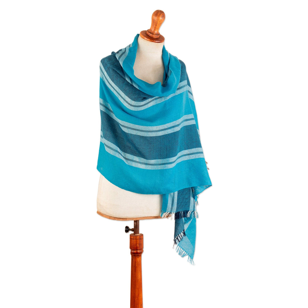 Loomed Striped Cerulean and Midnight 100% Alpaca Shawl - Cerulean Lagoon