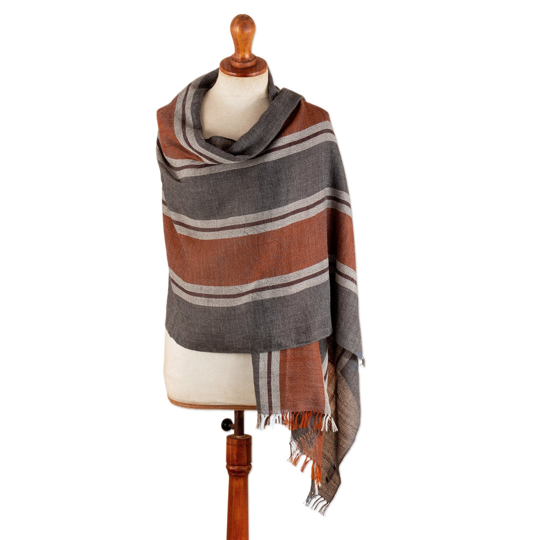 100% Alpaca Shawl in Grey & Orange with Stripes and Fringes - Striped Glamor