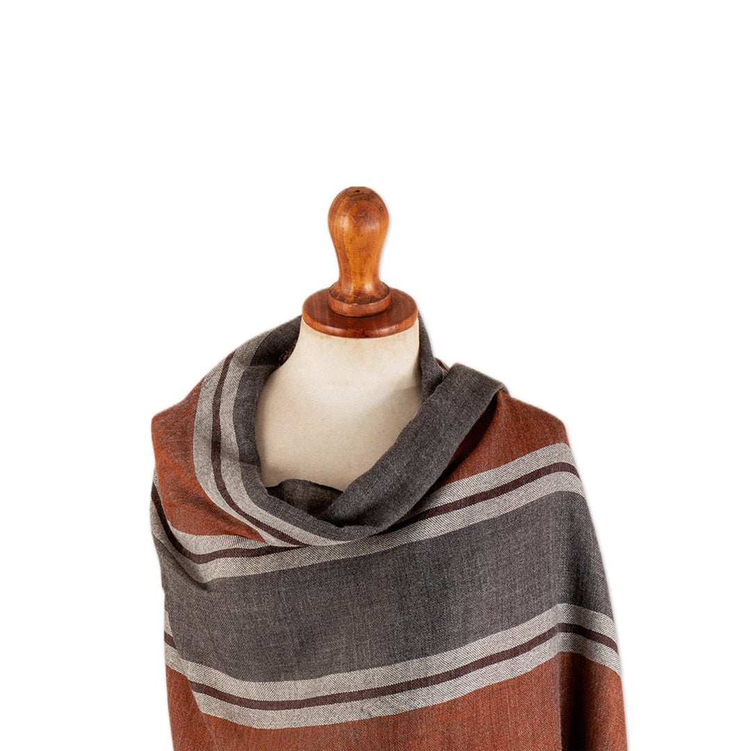 100% Alpaca Shawl in Grey & Orange with Stripes and Fringes - Striped Glamor