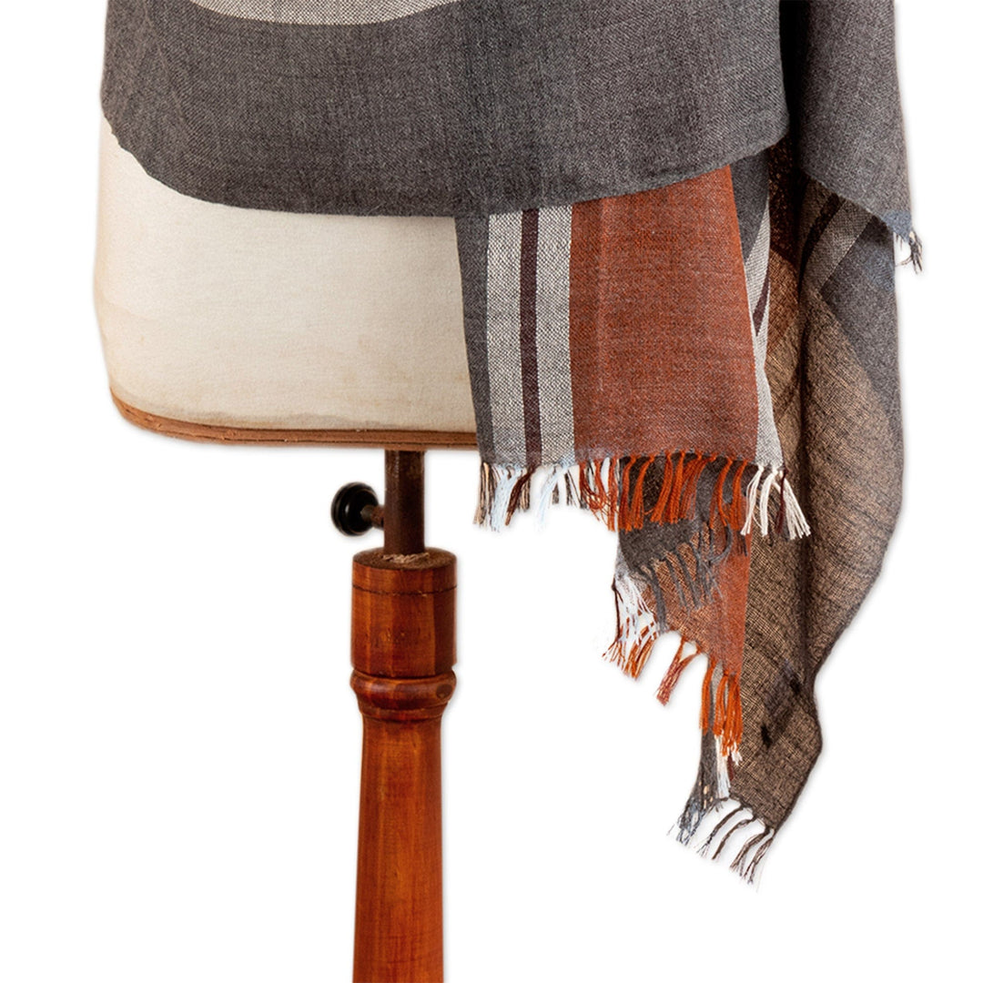 100% Alpaca Shawl in Grey & Orange with Stripes and Fringes - Striped Glamor