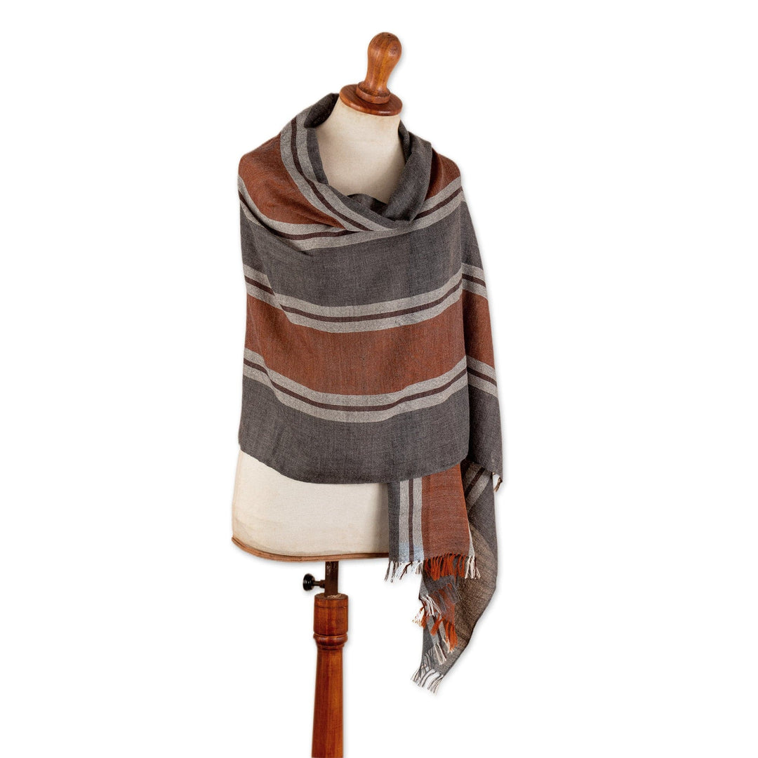 100% Alpaca Shawl in Grey & Orange with Stripes and Fringes - Striped Glamor