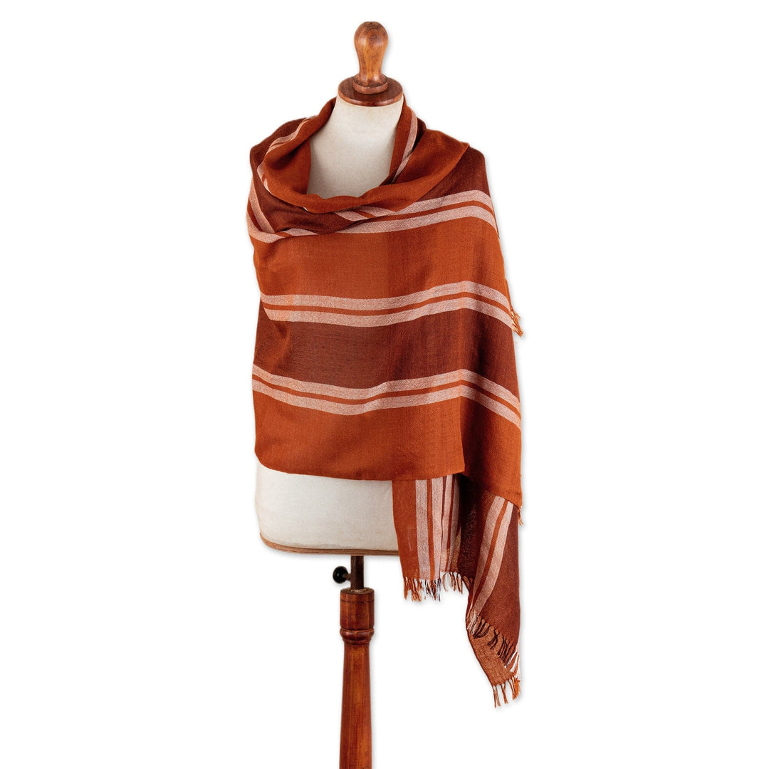 100% Alpaca Shawl in Orange & Brown with Stripes and Fringes - Striped Vibrancy