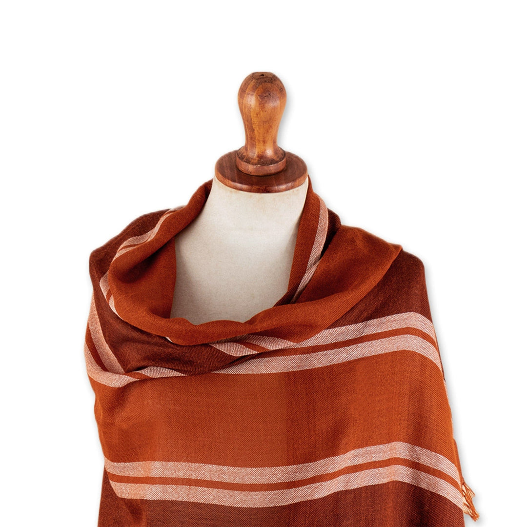 100% Alpaca Shawl in Orange & Brown with Stripes and Fringes - Striped Vibrancy