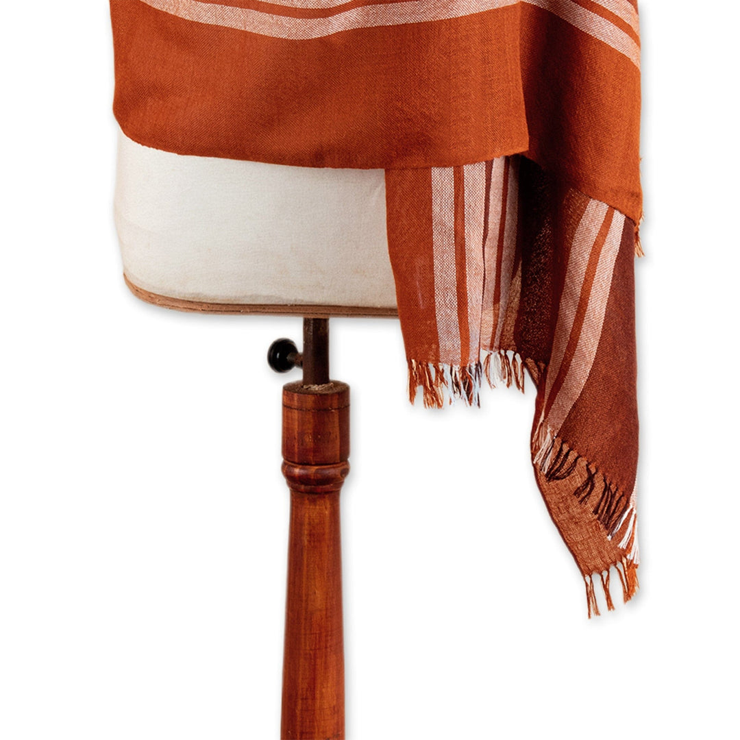 100% Alpaca Shawl in Orange & Brown with Stripes and Fringes - Striped Vibrancy