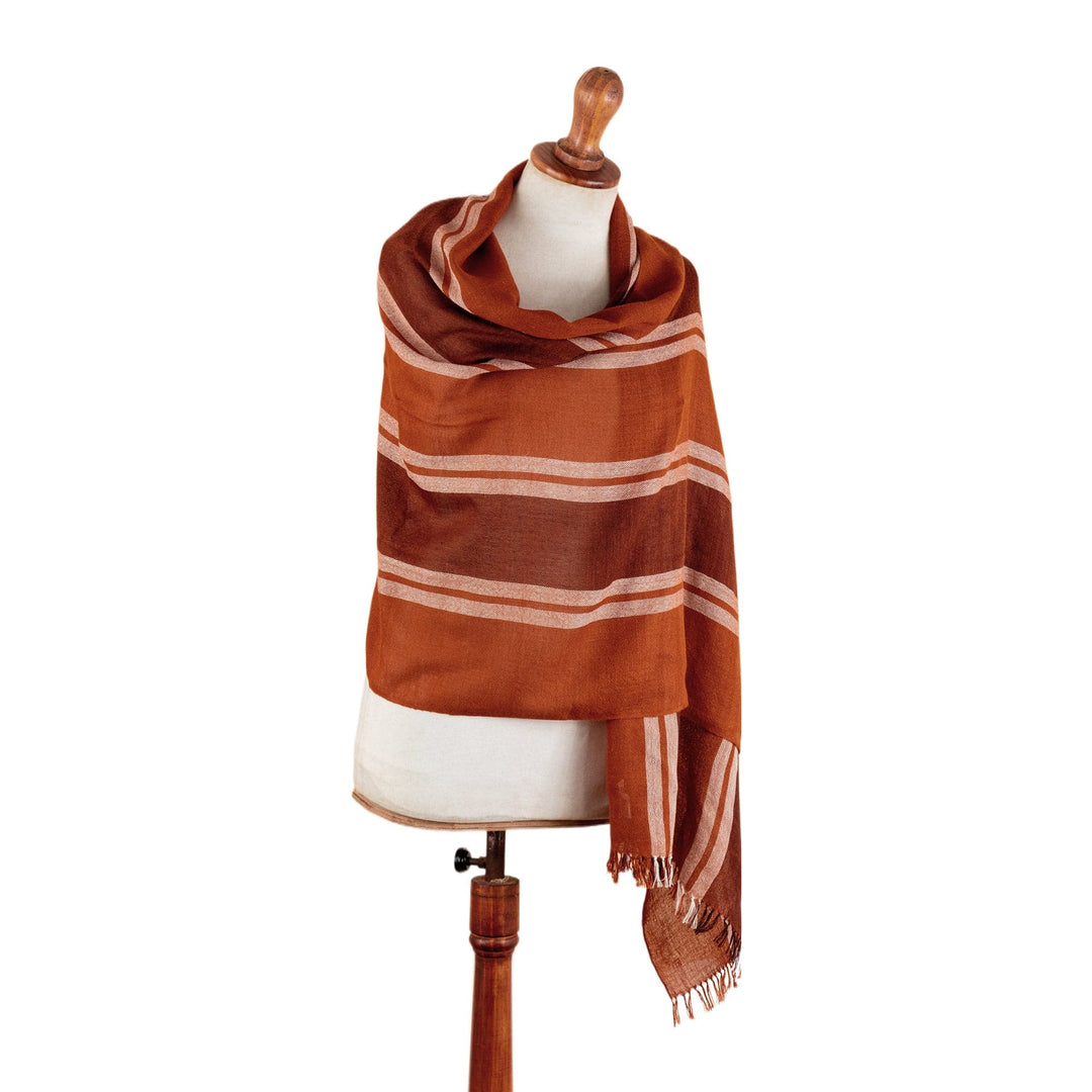 100% Alpaca Shawl in Orange & Brown with Stripes and Fringes - Striped Vibrancy