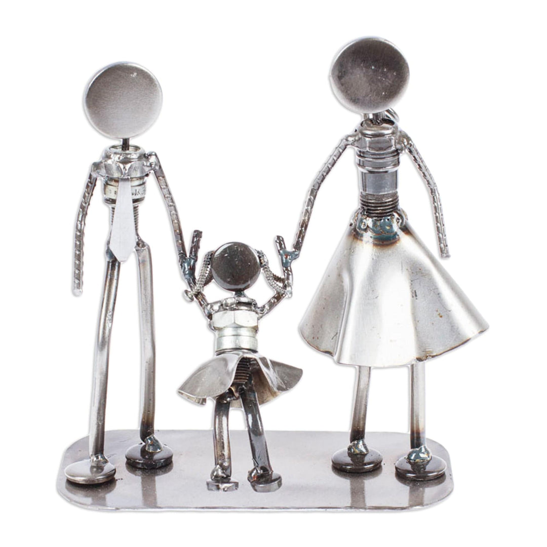 Handcrafted Recycled Auto Part Statuette of Family of Three - Family of Three