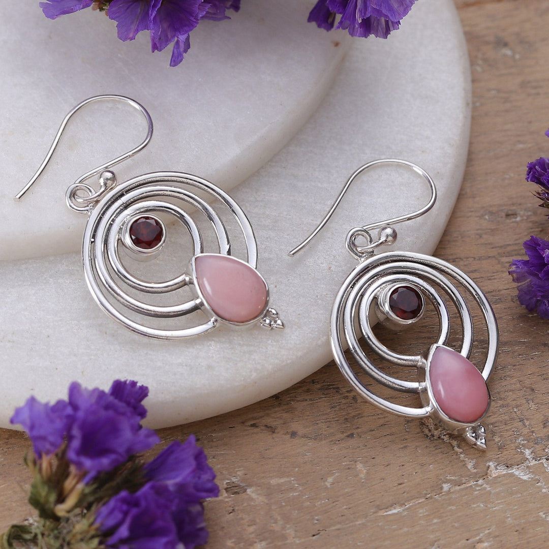 Polished Round Garnet and Opal Dangle Earrings from India - Orbiting Romance