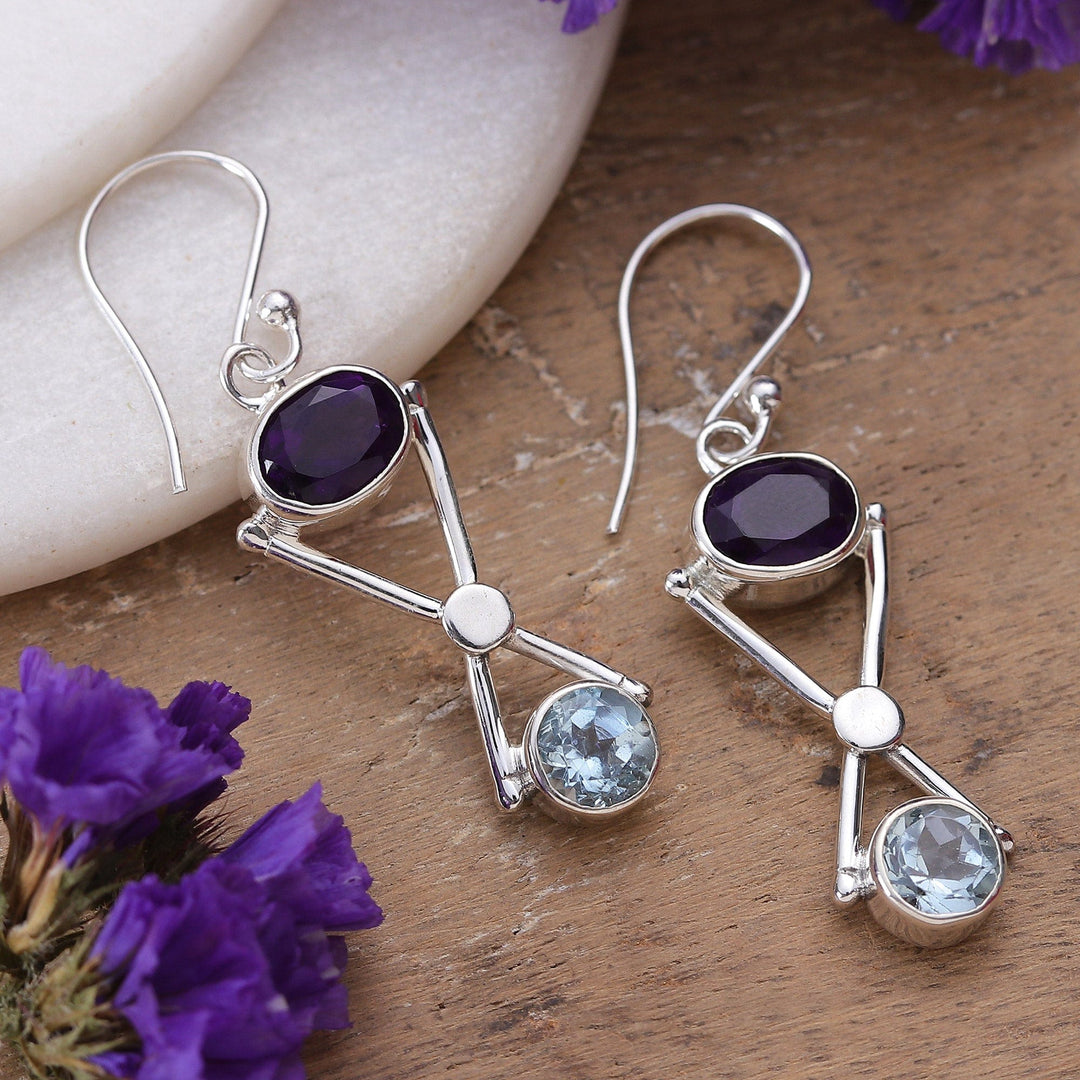 Geometric 4-Carat Amethyst and Blue Topaz Dangle Earrings - Wise Avant-Garde