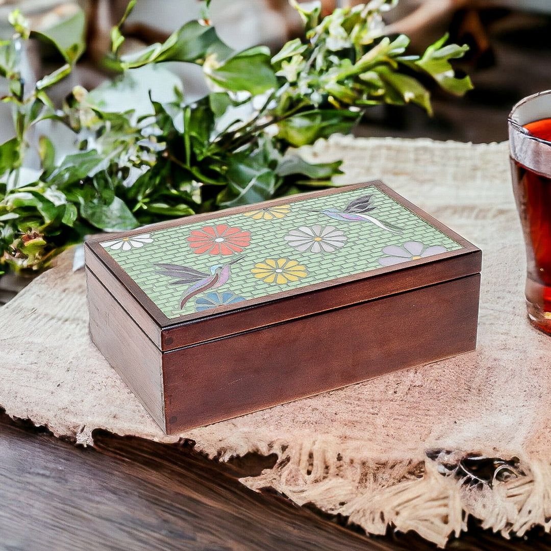 Handcrafted Nature-Themed Pinewood Tea Box in Brown - Spring Visions
