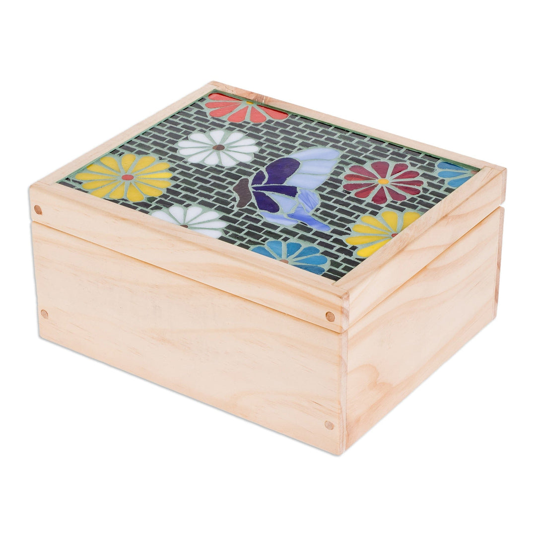 Handcrafted Floral Mosaic Pinewood Tea Box in White - Delightful Spring