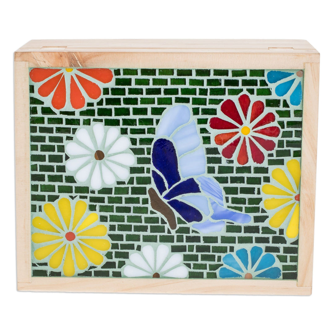 Handcrafted Floral Mosaic Pinewood Tea Box in White - Delightful Spring