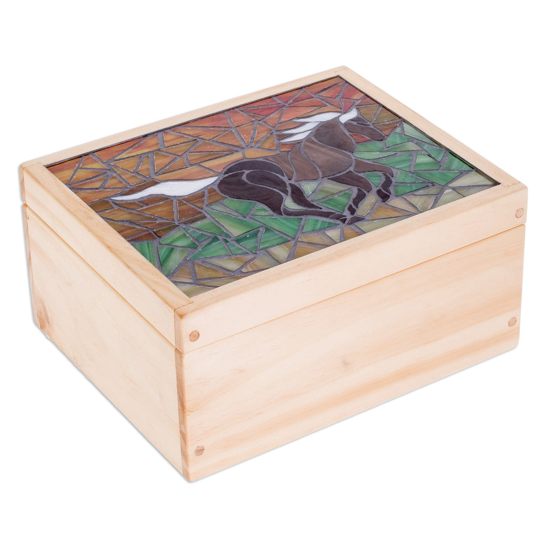Handcrafted Horse Mosaic Pinewood Tea Box in White - Delightful Liberty