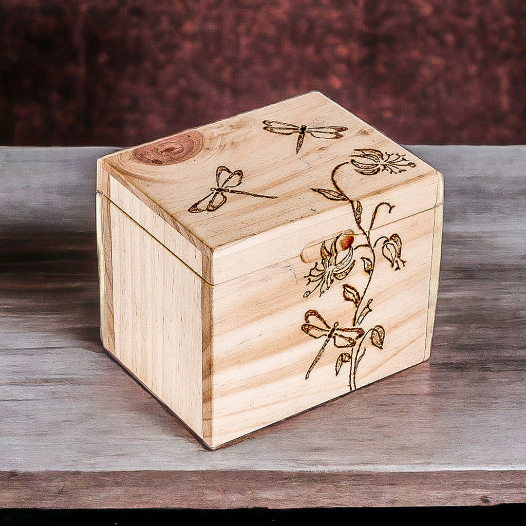 Carved Floral and Dragonfly-Themed Pinewood Decorative Box - Dragonfly Traces