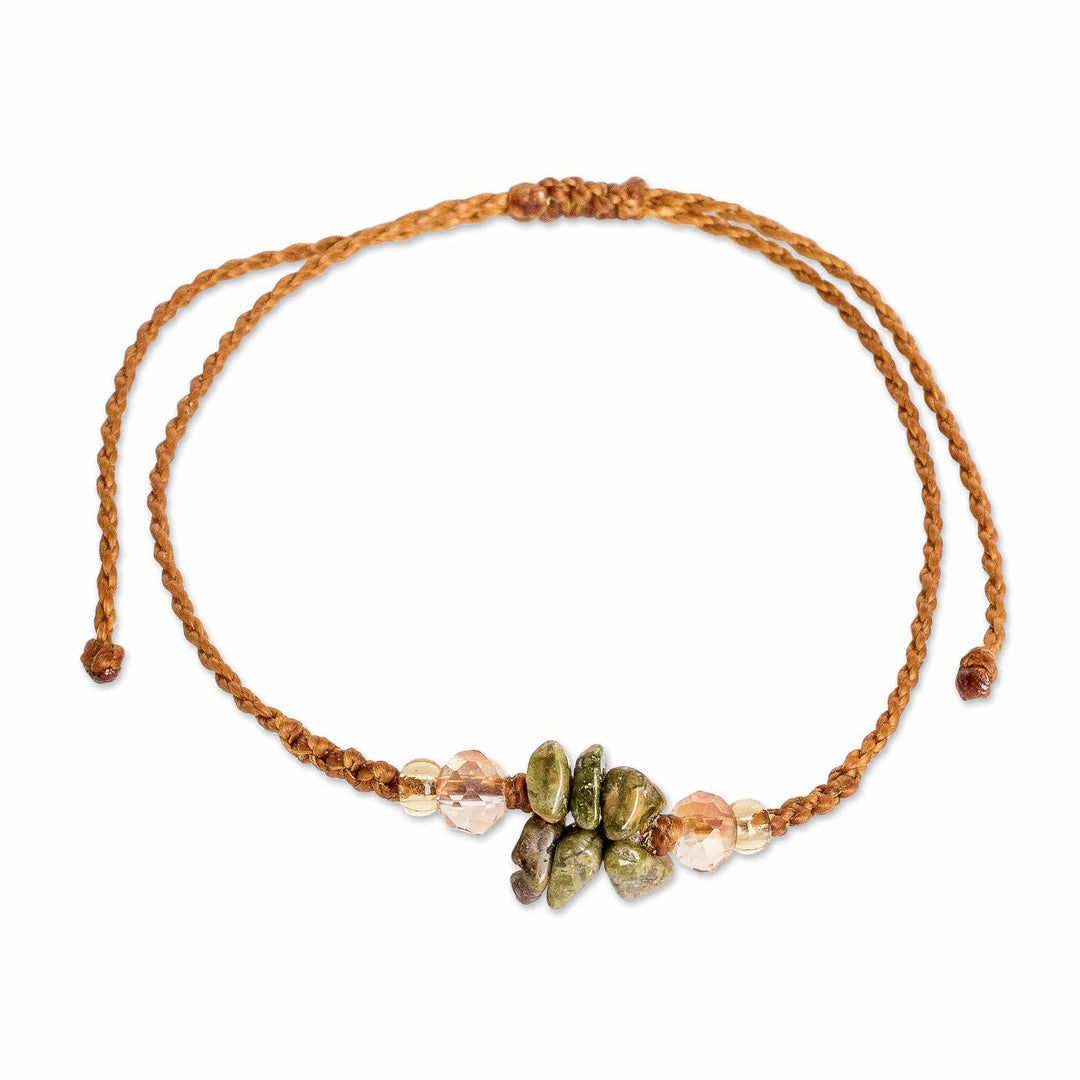 Adjustable Macrame Unakite and Crystal Pendant Bracelet - Balance Flower