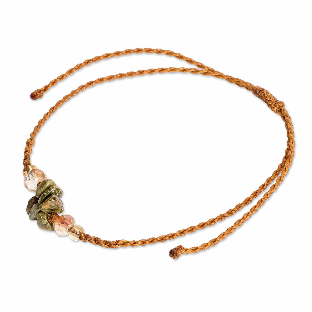 Adjustable Macrame Unakite and Crystal Pendant Bracelet - Balance Flower