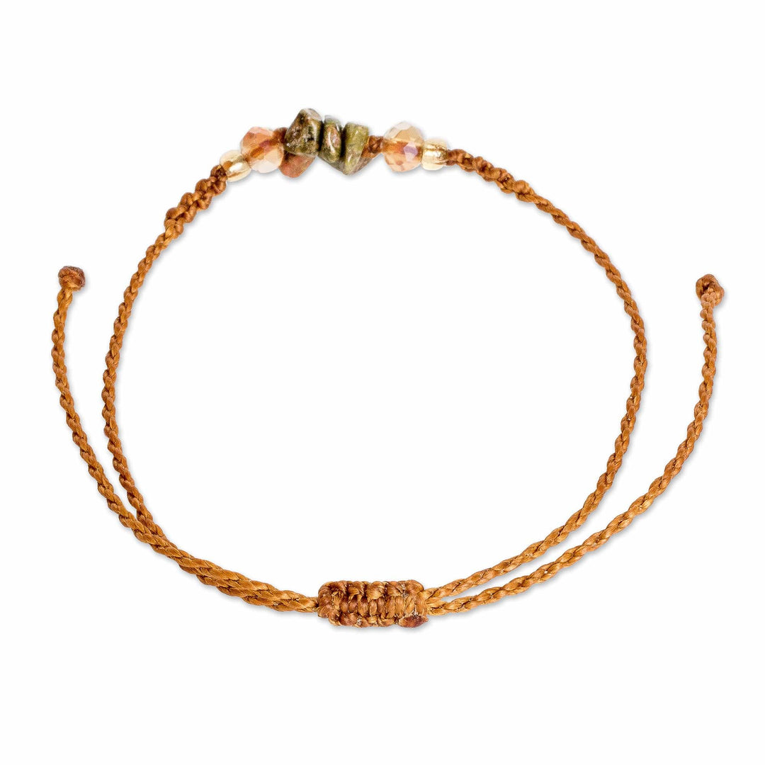 Adjustable Macrame Unakite and Crystal Pendant Bracelet - Balance Flower