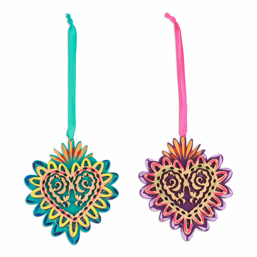 2 Hand-Painted Heart-Shaped Wood Ornaments with Ribbons - Shimmering Heart