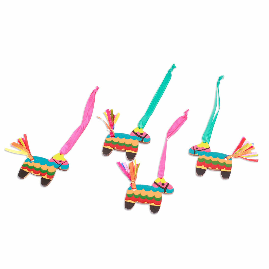 Set of 4 Hand-Painted Piñata-Themed Colorful Wood Ornaments - Vivacious Donkey