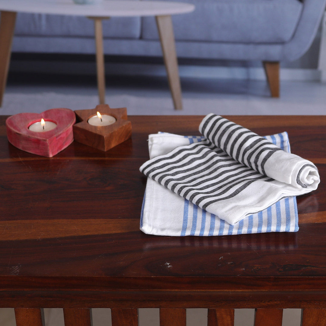 Set of 2 Handwoven Black and Blue Striped Cotton Dish Towels - Serene Taste