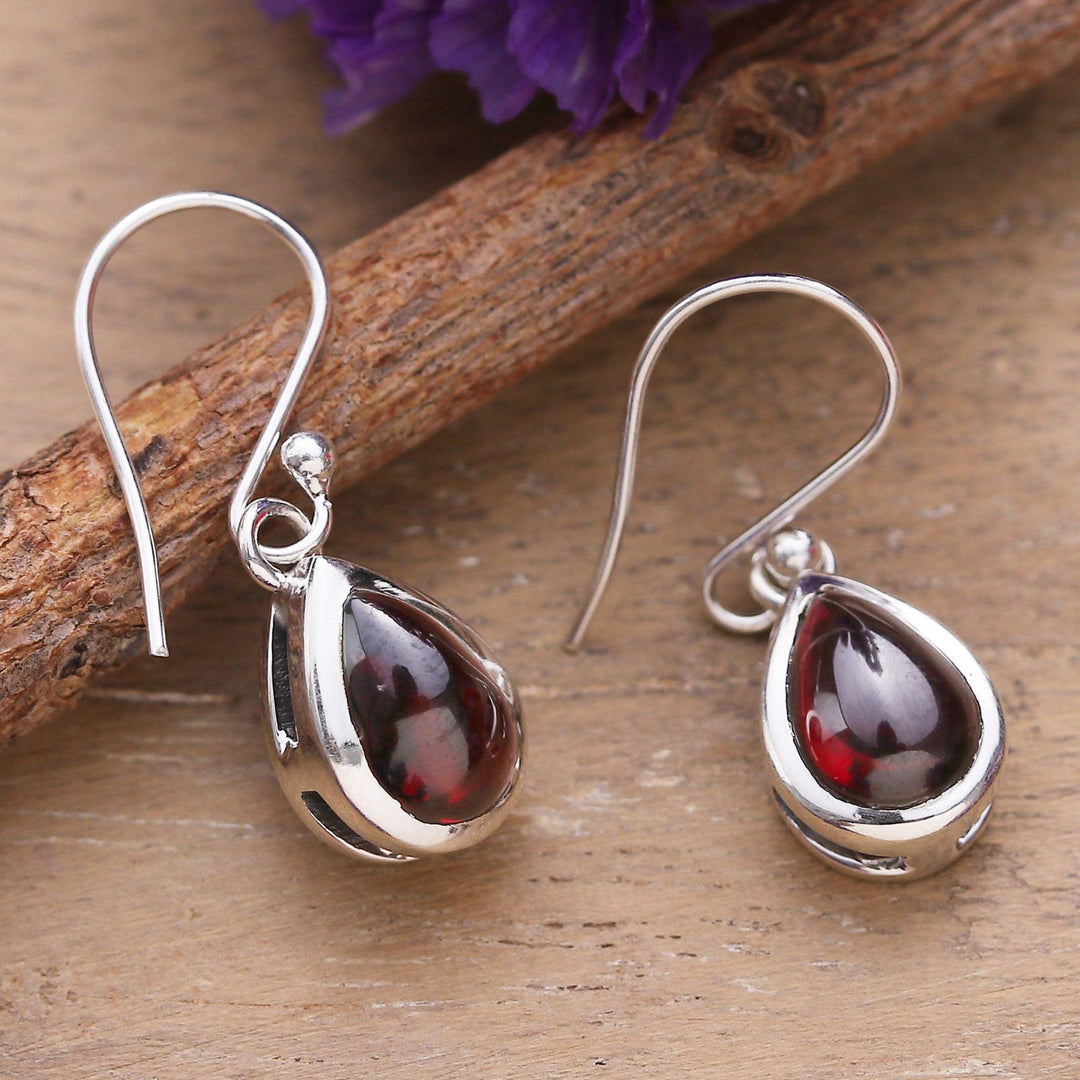 Polished Drop-Shaped Garnet Dangle Earrings from India - Radiant Droplets