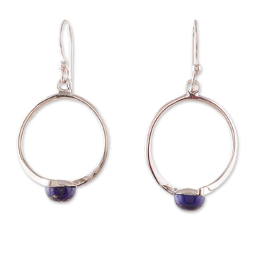 Minimalist Round Dangle Earrings with Lapis Lazuli Cabochons - True Moon