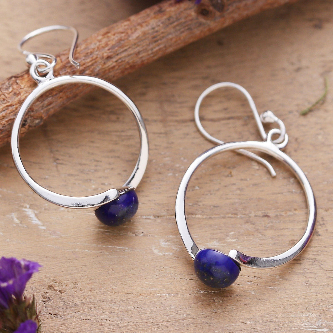 Minimalist Round Dangle Earrings with Lapis Lazuli Cabochons - True Moon