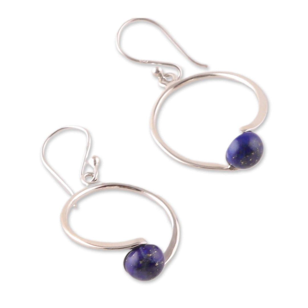 Minimalist Round Dangle Earrings with Lapis Lazuli Cabochons - True Moon