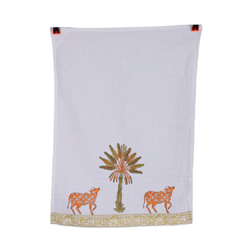 2 Hand-Block Printed Cow and Banana Tree Cotton Dish Towels - Icons of India