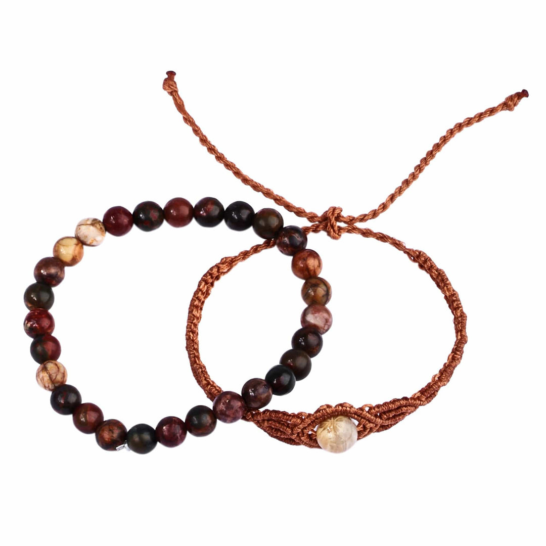 2 Jade Macrame Pendant and Beaded Stretch Bracelets in Brown - Exquisite Duo