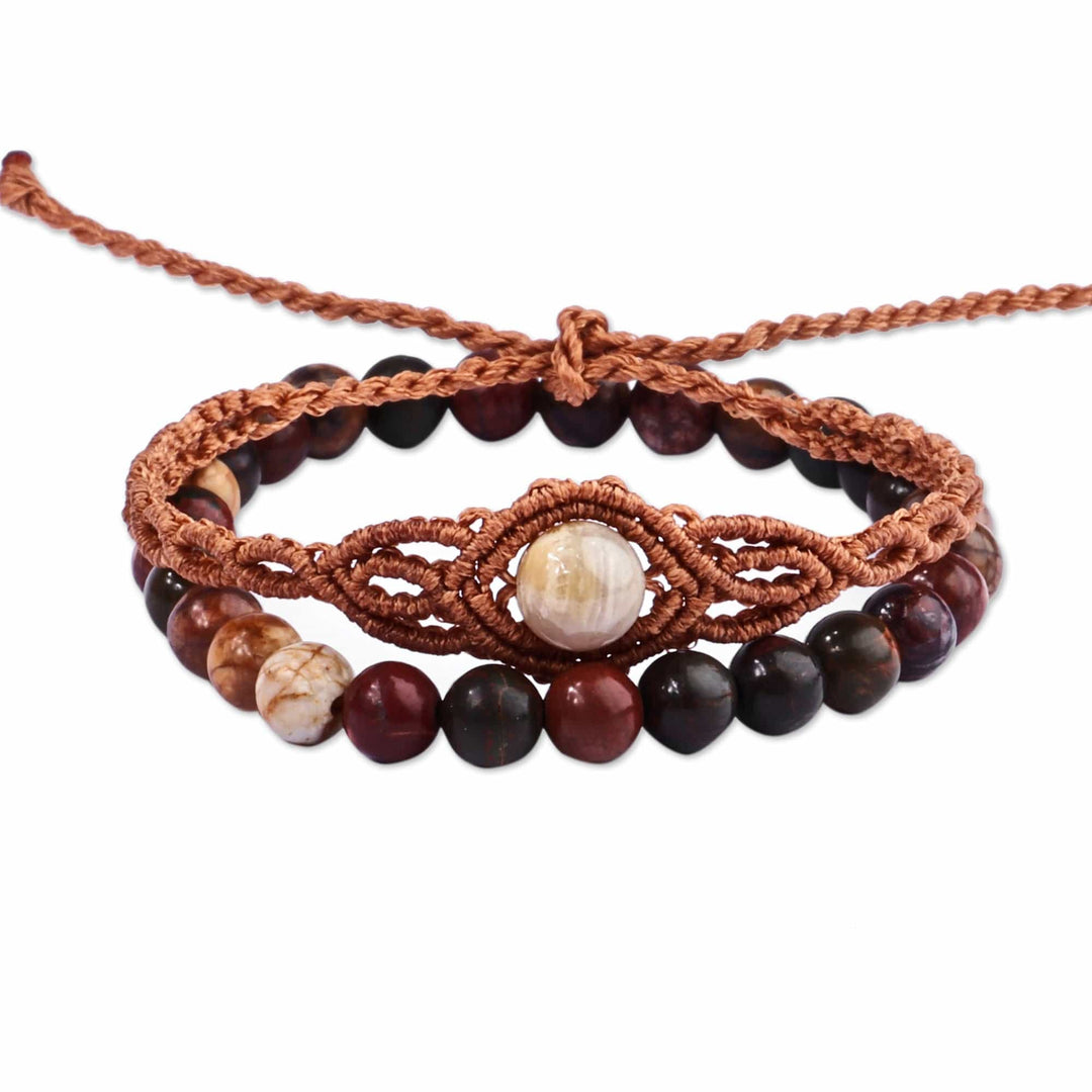 2 Jade Macrame Pendant and Beaded Stretch Bracelets in Brown - Exquisite Duo