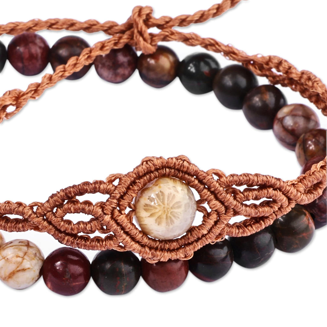 2 Jade Macrame Pendant and Beaded Stretch Bracelets in Brown - Exquisite Duo