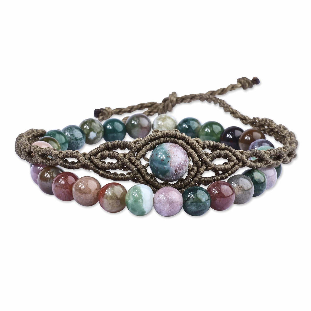 Set of 2 Macrame and Beaded Bracelets with Green Agate Gems - New Spirit