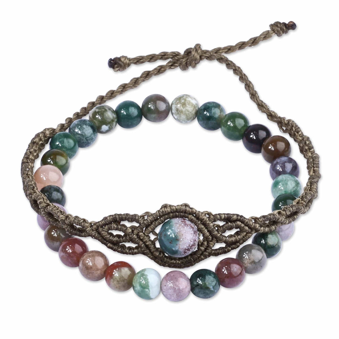 Set of 2 Macrame and Beaded Bracelets with Green Agate Gems - New Spirit