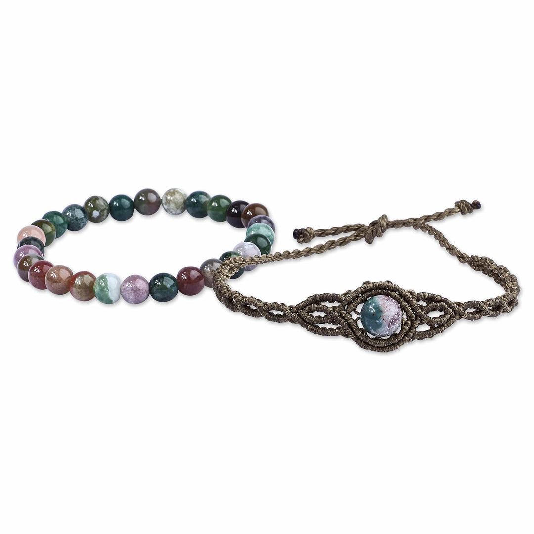Set of 2 Macrame and Beaded Bracelets with Green Agate Gems - New Spirit