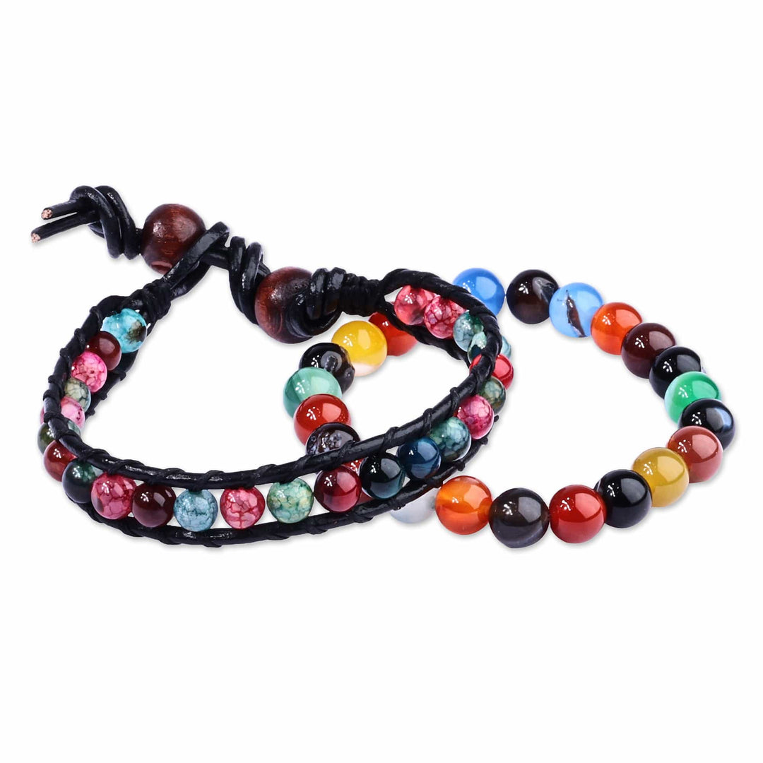 Black Leather and Natural Agate Bracelets (Set of 2) - Harmonious Energies