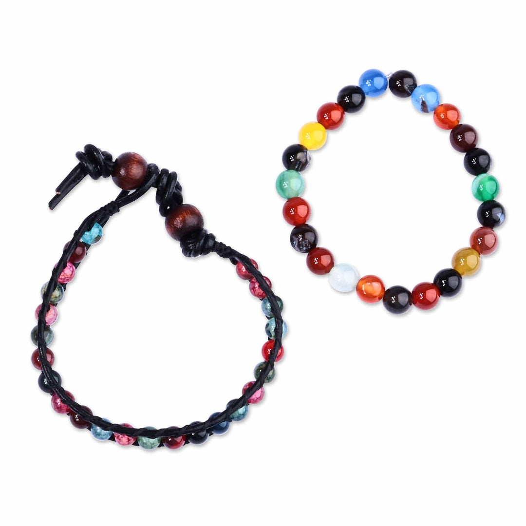 Black Leather and Natural Agate Bracelets (Set of 2) - Harmonious Energies