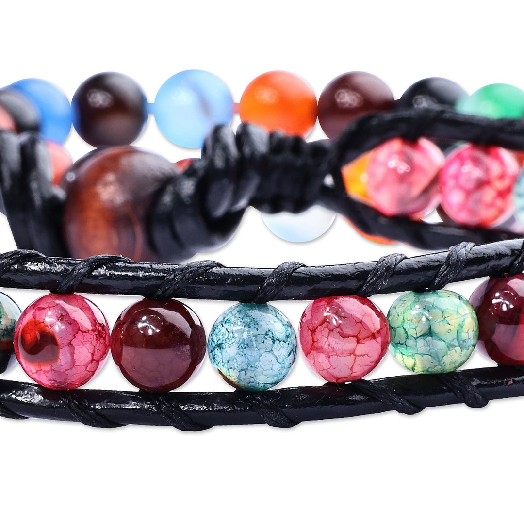Black Leather and Natural Agate Bracelets (Set of 2) - Harmonious Energies