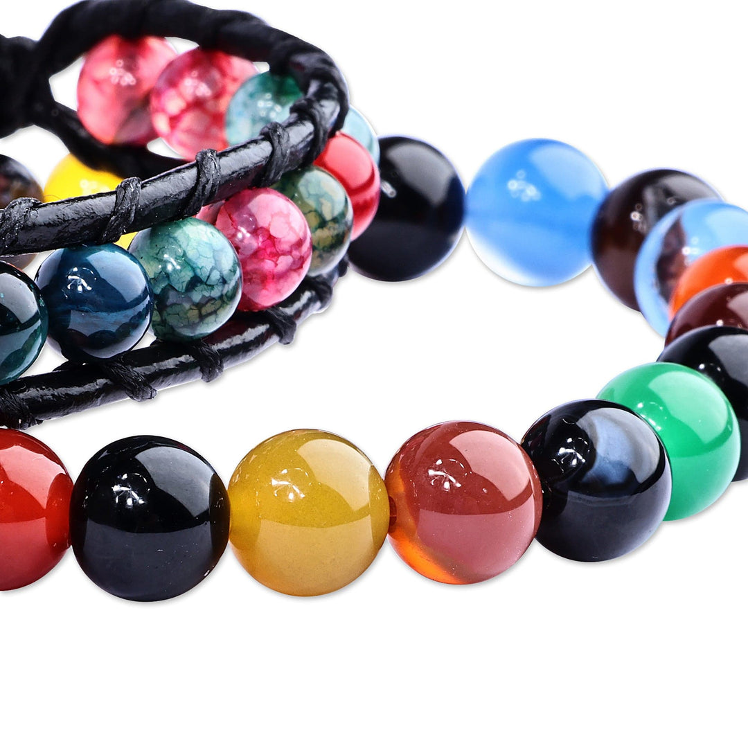 Black Leather and Natural Agate Bracelets (Set of 2) - Harmonious Energies