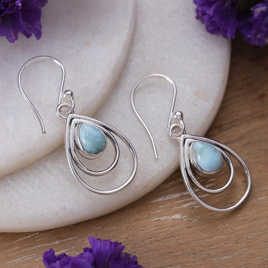 Polished Drop-Shaped Natural Larimar Dangle Earrings - Healing Drops