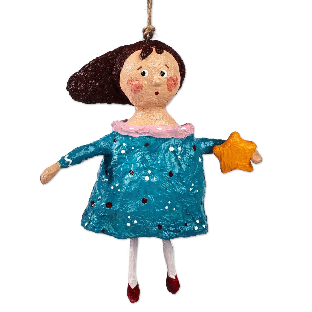 Hand-Painted Wish Star-Themed Papier Mache Ornament in Blue - Anna