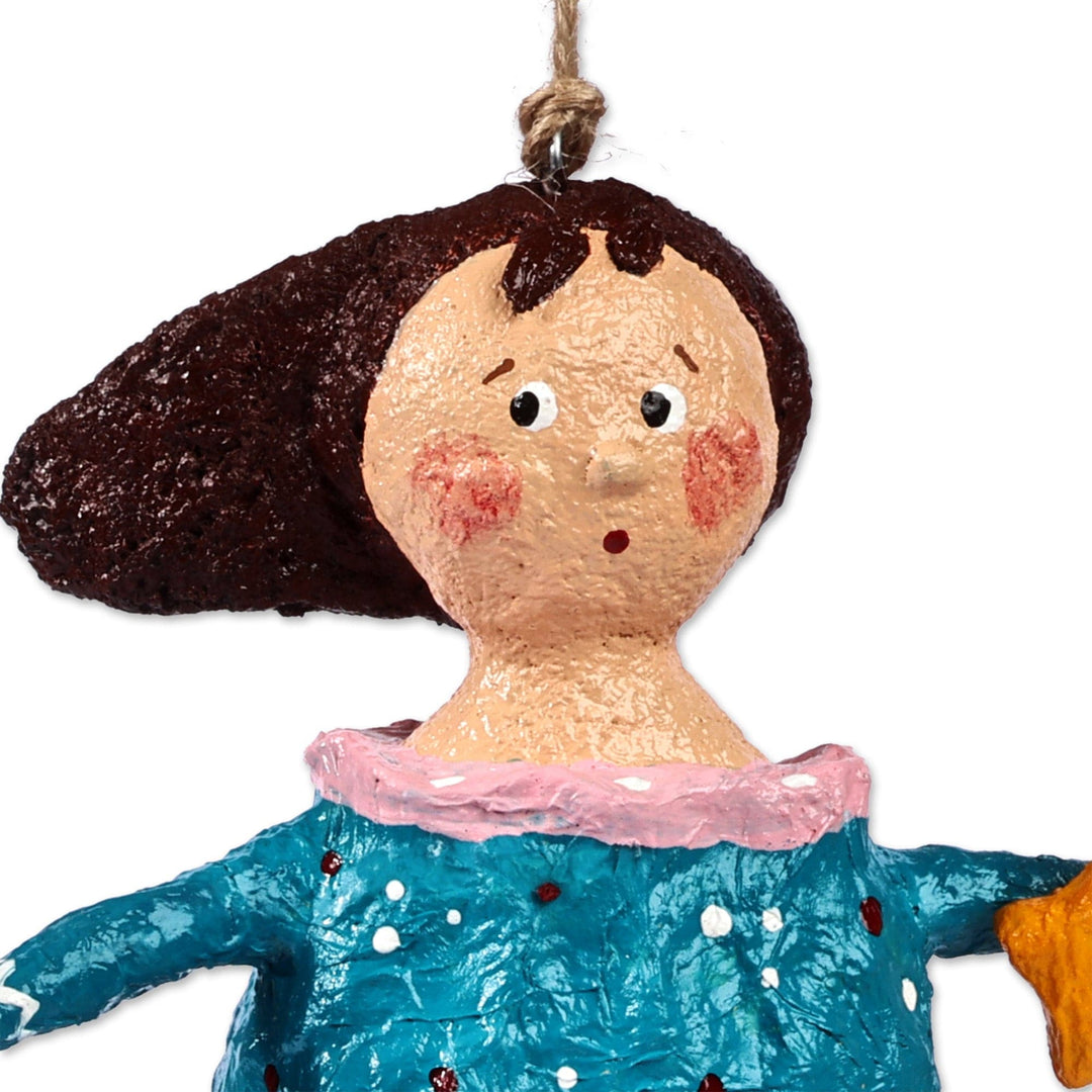 Hand-Painted Wish Star-Themed Papier Mache Ornament in Blue - Anna